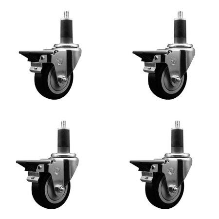 Service Caster 3.5'' Black Poly Swivel 1-1/4'' Expanding Stem Caster Set with Brake, 4PK SCC-EX20S3514-PPUB-BLK-PLB-114-4